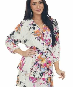 Umgee Cream Floral Surplice Neck Mini Dress With Long Sleeves Dresses