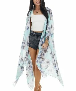 Lovely J Mint Floral Print Short Sleeve Kimono With Side Slits