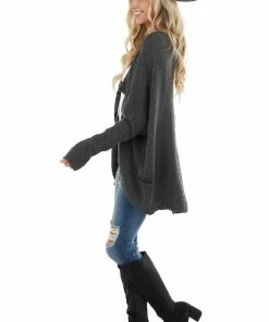 Lime Lush Charcoal Open Front Cardigan With Long Dolman Sleeves