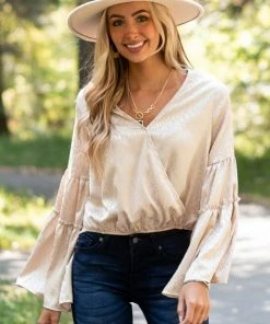 Peach Love Rich Champagne Leopard Surplice Satin Blouse Tops 30 Peach Love Rich Champagne Leopard Surplice Satin Blouse Tops