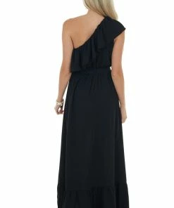 Main Strip Black Elastic Off Shoulder Ruffle Maxi Dress Dresses
