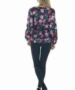 Peach Love Black Floral Print Satin Surplice Top With Tie