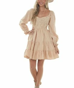 FSL APPAREL Dresses Cream And Rust Long Peasant Sleeve Dress