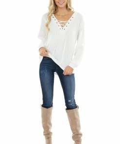 BiBi Tops Ivory Long Sleeve Knit Top With Lace Up V Neck Detail