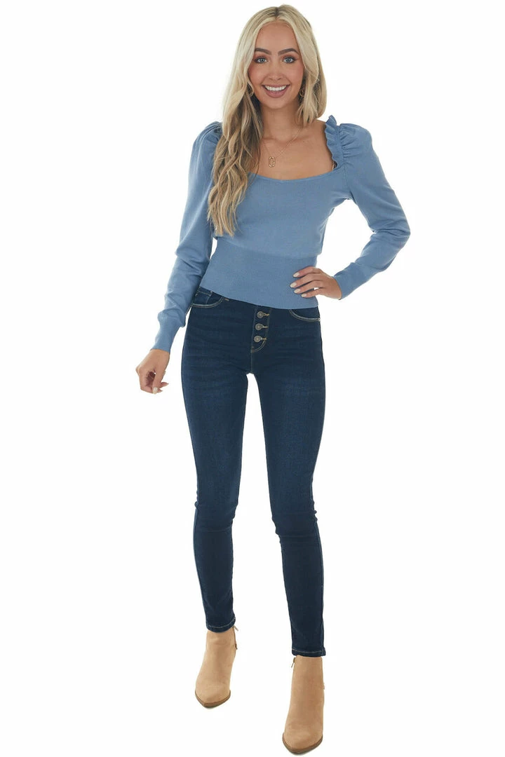 Style Melody Dusty Blue Frill Trim Puff Shoulder Sweater Tops 14 Style Melody Dusty Blue Frill Trim Puff Shoulder Sweater Tops