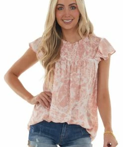 Hayden Dusty Blush Abstract Print Mock Neck Blouse Tops