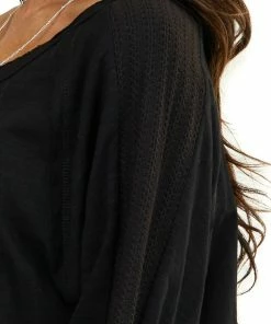 Umgee Tops Heathered Black Knit Top With Contrast Knit Bubble Sleeves
