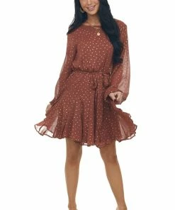 She + Sky Cinnamon Drop Waist Short Dress With Gold Dots Dresses