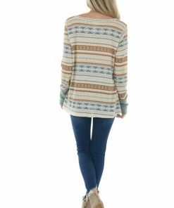 BiBi Steel Blue And Tawny Aztec Long Sleeve Top