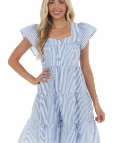 Ces Femme Dresses Dusty Blue Striped Babydoll Tiered Short Dress