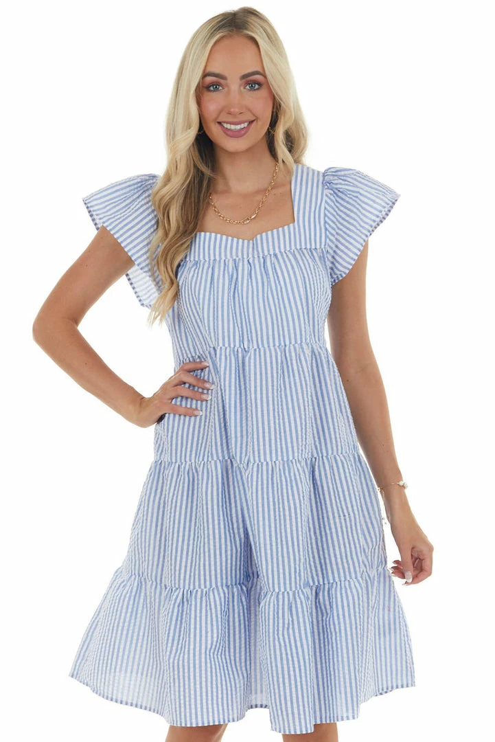Ces Femme Dresses Dusty Blue Striped Babydoll Tiered Short Dress 3 Ces Femme Dresses Dusty Blue Striped Babydoll Tiered Short Dress