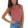 P.S. Kate Marsala Ribbed Criss Cross Neck Cami With Lace