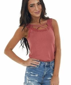 P.S. Kate Marsala Ribbed Criss Cross Neck Cami With Lace