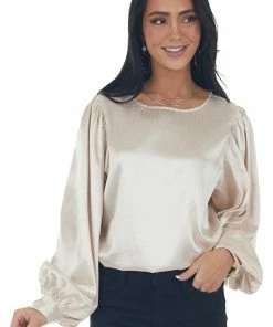 Vine & Love Champagne Printed Long Sleeve Satin Blouse 29 Vine & Love Champagne Printed Long Sleeve Satin Blouse