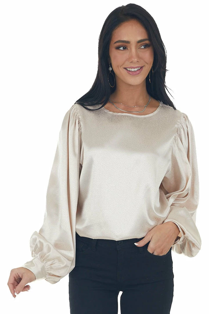 Vine & Love Champagne Printed Long Sleeve Satin Blouse 12 Vine & Love Champagne Printed Long Sleeve Satin Blouse