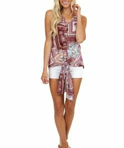 Andree Plum Floral Multi Print Sleeveless V Neck Top With Tie Tops
