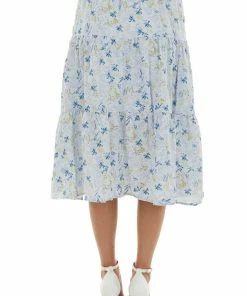 Peach Love Pastel Blue Floral Tiered Midi Woven Skirt