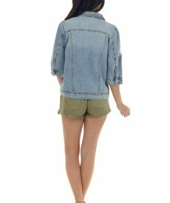 BiBi Outerwear Light Wash Half Sleeve Button Up Denim Jacket