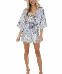 143 Story Dresses Powder Blue Multi Print Kimono Sleeve Romper