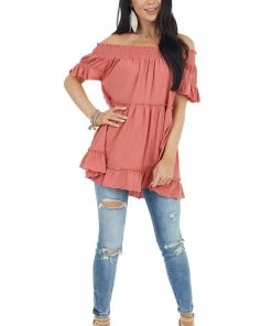 Easel Tops Coral Off Shoulder Tiered Tunic Top With Short Sleeves