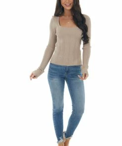 Emory Park Latte Ribbed Knit Top With Cut Out Back Tops