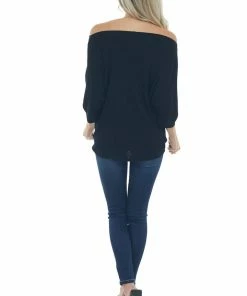 First Love Black Waffle Knit Boat Neck Top With Tie Tops