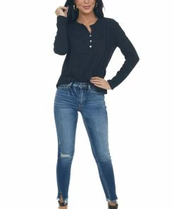 Charlotte Avery Black Long Sleeve Notch Neck Henley Top