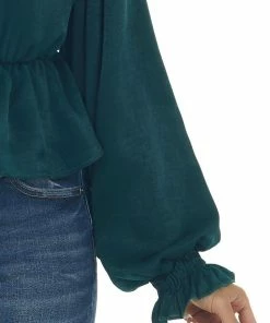 Peach Love Pine Satin Mock Neck Puff Sleeve Peplum Top