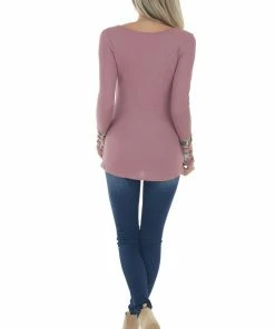 Lovely Melody Mauve Waffle Knit Top With Multiprint Cuff Tops