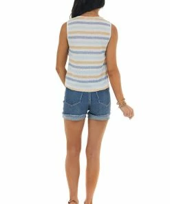 Lush Clothing Off White Striped Front Knot Knit Tank Top Tops