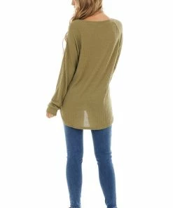 Supreme Fashion Tops Olive Long Sleeve Waffle Knit Top With Rounded Neckline