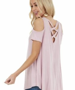 CY Fashion Tops Blush Cold Shoulder Top With Criss Cross Back Detail
