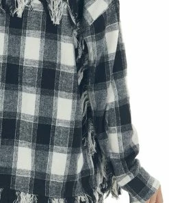 143 Story Ivory Plaid Shirt Jacket With Fringe Details