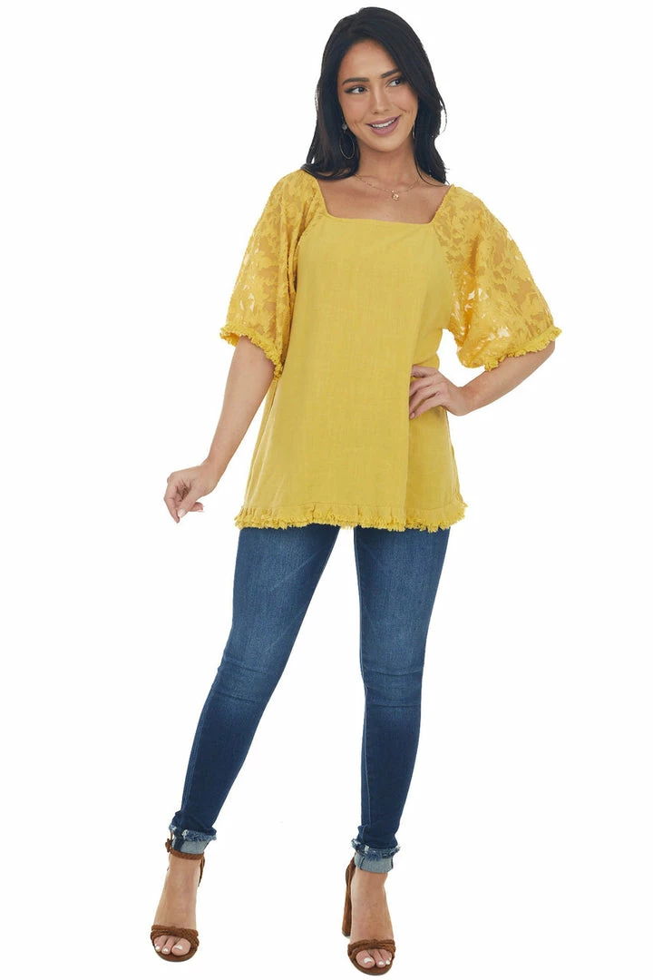 Umgee Mustard Floral Textured Mesh Sleeve Blouse Tops 18 Umgee Mustard Floral Textured Mesh Sleeve Blouse Tops