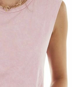 Trend Notes Bubblegum Mineral Wash Raw Muscle Knit Tee With Ribbed Neck Tops