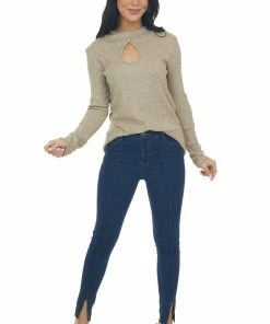 BiBi Tops Heathered Latte Mock Neck Long Sleeve Knit Top