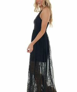 Entro Black Lace Maxi Overlay Sleeveless Dress With Plunging Neck