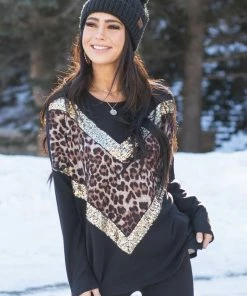 FSL APPAREL Black And Leopard Print Chevron Top With Gold Sequin Details