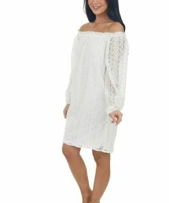 SugarFox Ivory Off The Shoulder Lace Short Dress
