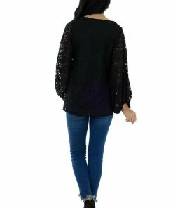 Vine & Love Tops Black Floral Lace Long Bubble Sleeve Blouse