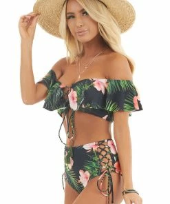 Beach Joy Bikini Black Floral Print Off The Shoulder High Waisted Bikini