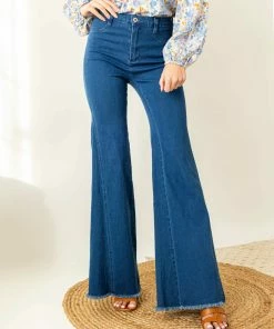 Flying Tomato Dark Wash High Rise Frayed Hem Flare Jeans