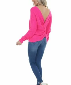 Lime Lush Hot Pink Twist Back Thick Ribbed Knit Sweater Tops 35 Lime Lush Hot Pink Twist Back Thick Ribbed Knit Sweater Tops