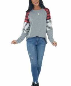 Shewin Heather Grey Knit Top With Multiprint Sleeves