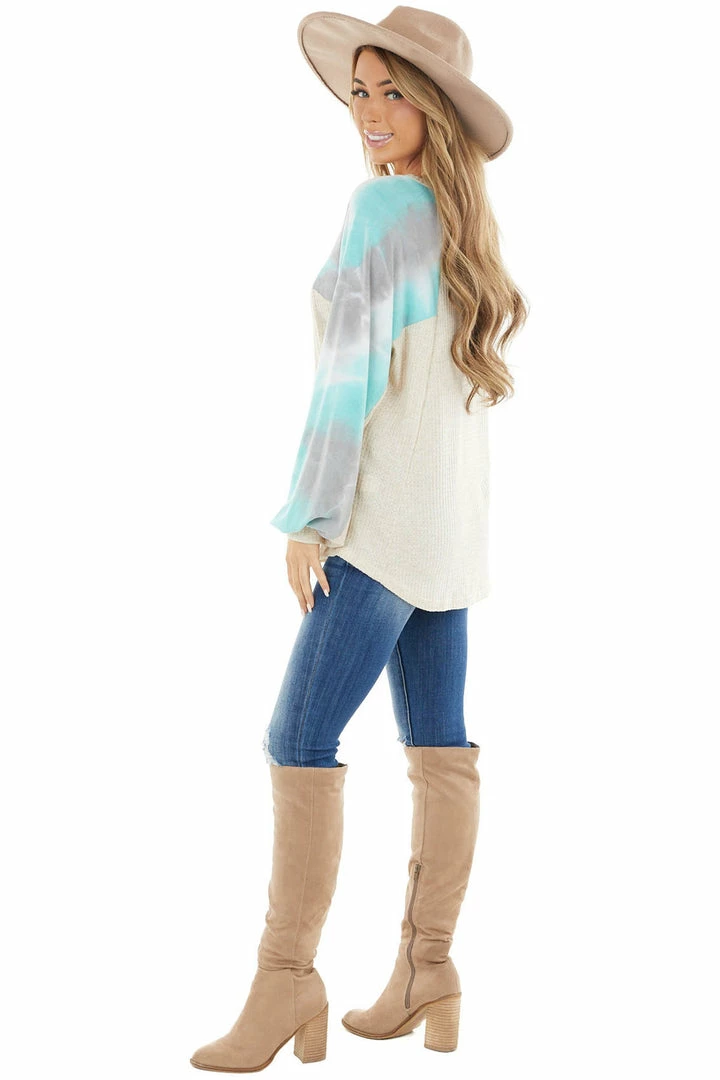 American Chic Tops Cream Waffle Knit Long Sleeve Top With Tie Dye Detail 12 American Chic Tops Cream Waffle Knit Long Sleeve Top With Tie Dye Detail