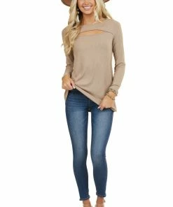 BiBi Taupe Soft Ribbed Long Sleeve Top With Neckline Cutout Tops