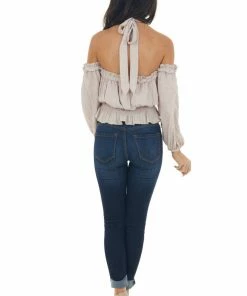 Peach Love Light Latte Swiss Dot Off Shoulder Halter Top Tops 32 Peach Love Light Latte Swiss Dot Off Shoulder Halter Top Tops
