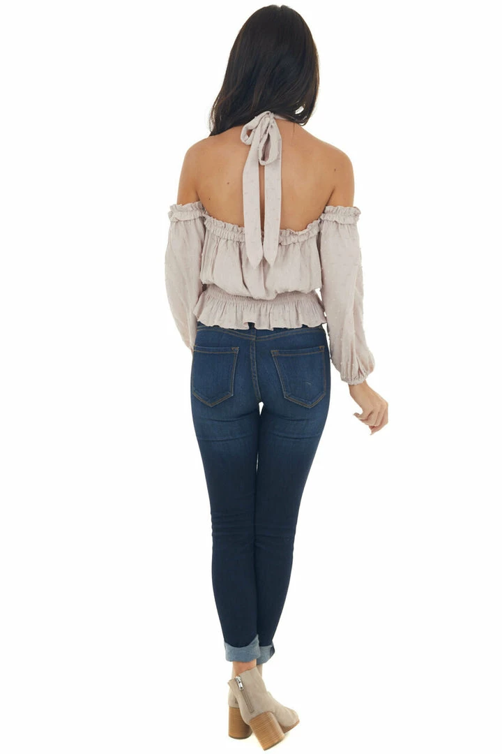 Peach Love Light Latte Swiss Dot Off Shoulder Halter Top Tops 17 Peach Love Light Latte Swiss Dot Off Shoulder Halter Top Tops