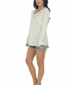 SugarFox Tops Cream V Neck Long Sleeve Textured Knit Top