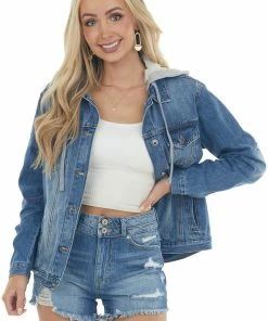 Risen Medium Wash Denim Jacket With Detachable Hood